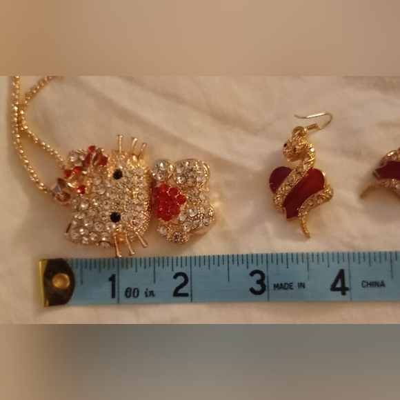 New Golden Crystal Bow Heart Kitty Necklace+Red Heart Wrapped Snake Earrings Set - Picture 11 of 15